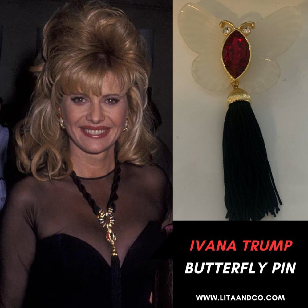 Ivana Trump Lucite Butterfly & Red Marquise Fringed Pin.